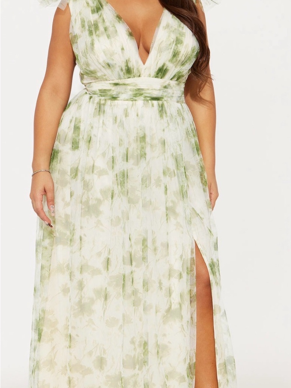 Fashion Nova White and Green Floral V-Neck Maxi Dress